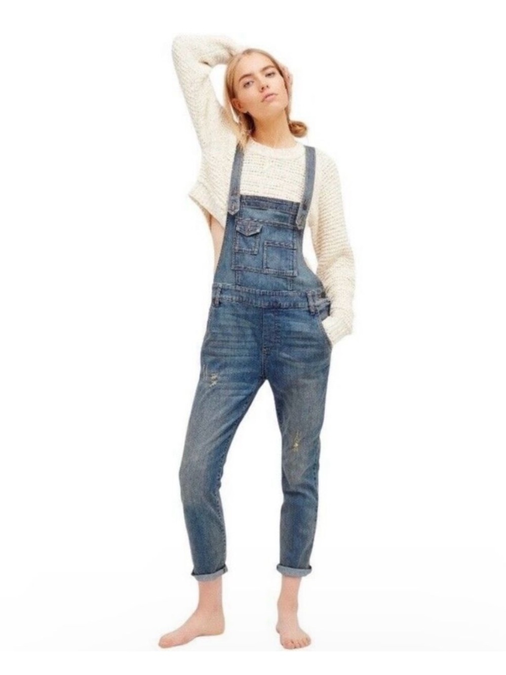 Free People Milo Denim Ankle Medium Wash Multi Pocket Western Cottage Overalls